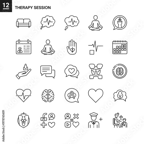 A collection of line icons representing various aspects of therapy and mental well-being, including a couch, brain, heart, and meditation poses.