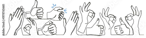 Set of diverse human hand gestures in single line art showing applause, thumbs up, and OK signs for teamwork and positive support concepts isolated on white