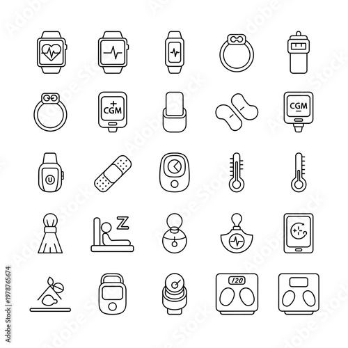 A collection of line art icons representing various health monitoring devices and medical equipment, including smartwatches, glucose meters, thermometers, and scales.