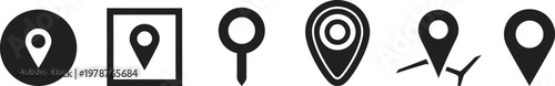 Collection of black and white map pin icons representing location and navigation concepts