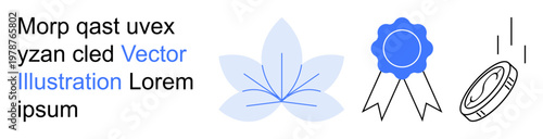 Achievement, eco , rewards, certifications, success, nature conservation. Blue award ribbon, abstract flower and coin . Achievement and eco themes concept