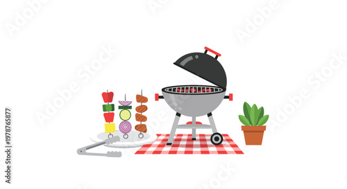 A classic silver kettle barbecue grill stands beside a red checkered picnic blanket in a lush backyard garden under the bright and warm summer sunlight.
