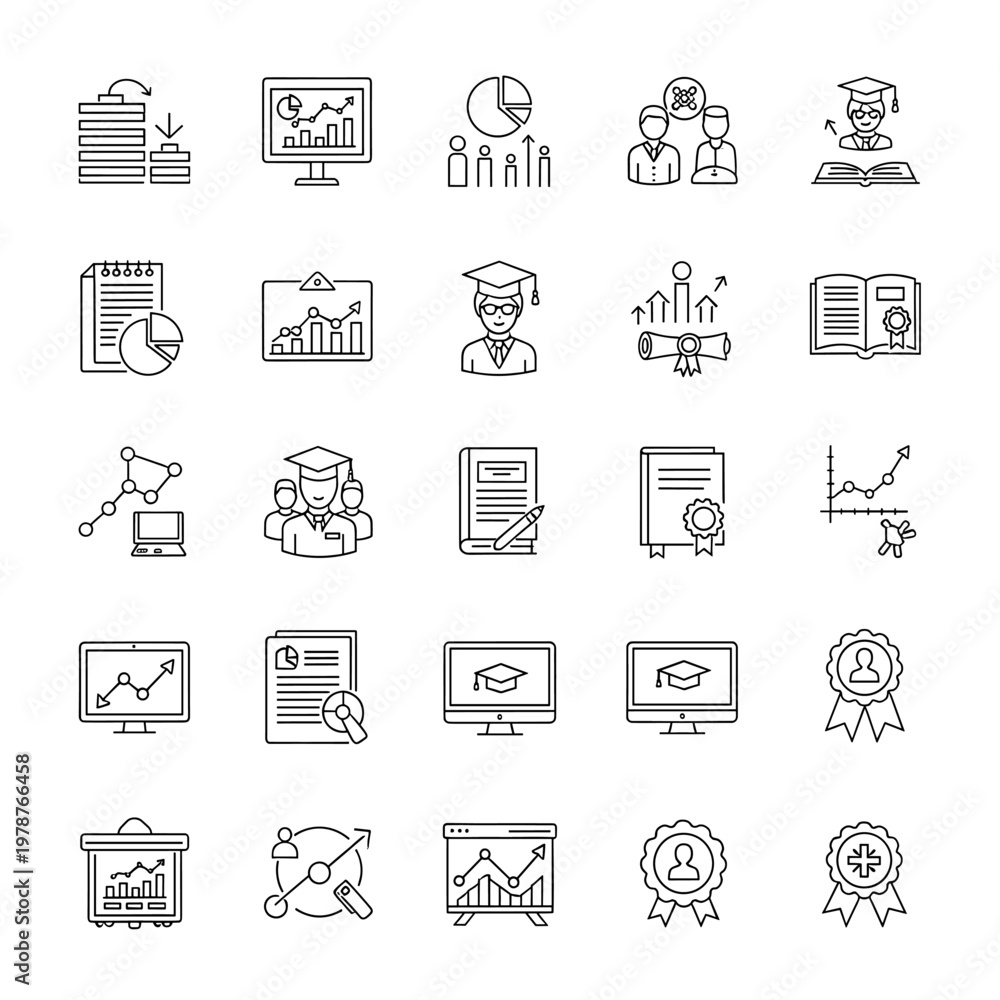 Fototapeta premium Collection of line icons representing data analysis, education, and business growth concepts.