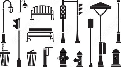 Collection of black silhouette urban street furniture and equipment vector illustration on transparent background.