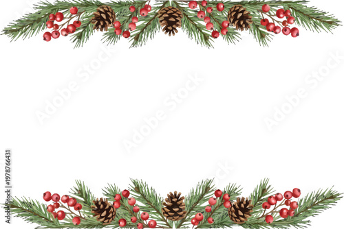 Watercolor Christmas Garland Border Illustration. Festive Pine Cone and Berry Frame Vector