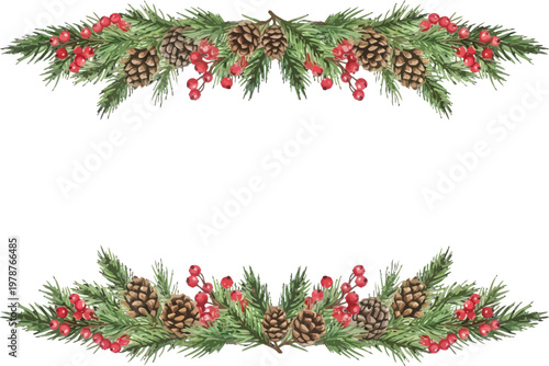 Watercolor Christmas Garland Border Illustration with Pine Cones and Berries Vector