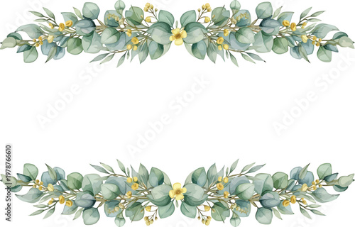 Watercolor Eucalyptus Greenery Border Frame Vector Illustration for Wedding Invitation Design