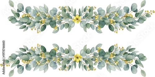 Watercolor Eucalyptus Leaves and Yellow Flowers Border Illustration Vector