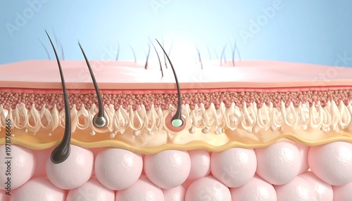 Detailed Microscopic Illustration of Skin and Hair Follicles.