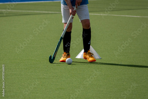 Youth Field Hockey Player Practicing With Stick And Ball On Green Artificial Turf Training Drill