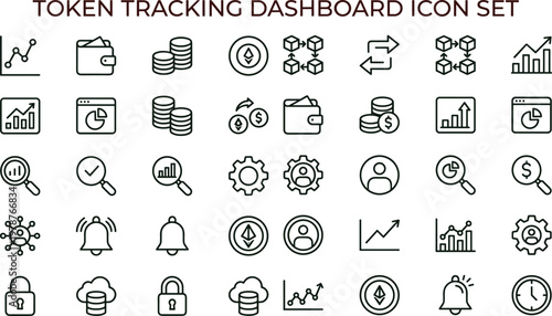 Token tracking dashboard outline icon set with cryptocurrency monitoring analytics blockchain finance symbols for apps web interfaces presentations data visualization
