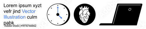 Time tracking, medical research, health monitoring, cardiovascular health, remote work, technology usage. Clock, heart diagram and laptop symbol. Time tracking and medical research concept