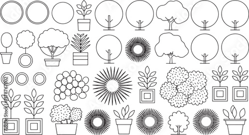 Landscape architecture symbols for site plan design including trees shrubs and outdoor garden plants in top view vector.