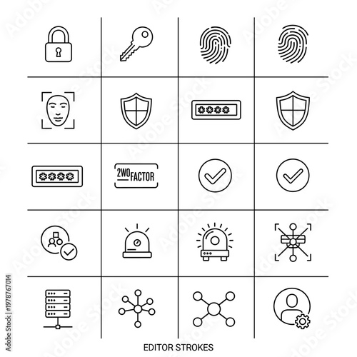 Collection of security and authentication icons including locks, keys, fingerprints, facial recognition, shields, passwords, and network diagrams.