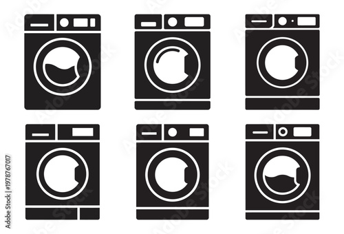Washing machine icons set for laundry and household appliance service.
