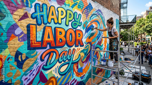An artist paints a vibrant, colorful mural reading 