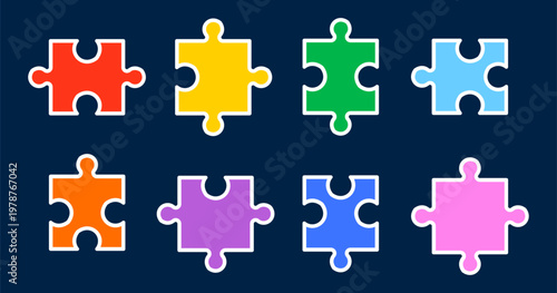 Bright puzzle icons set with minimal geometric style. Colorful elements for education, kids learning and autism awareness concepts. Vector illustration.