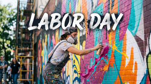 An artist wearing a respirator spray paints a vibrant, colorful mural on a brick wall, with 