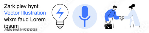 Business, meetings, innovation, technology, voice interfaces, creative ideas. A lightbulb, a microphone symbol and two people interacting. Business and innovation concepts