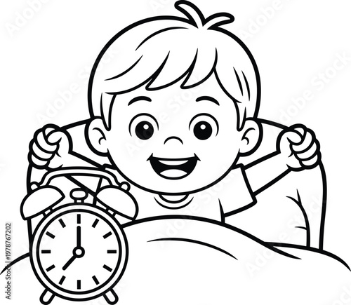 Black and white outline illustration of a happy child waking up in bed with an alarm clock.