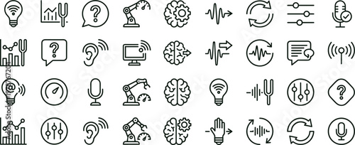 Voice assistant analytics outline icon set with artificial intelligence audio monitoring automation communication symbols for dashboards apps web technology interfaces