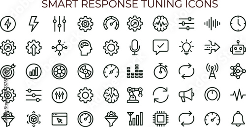 Smart response tuning outline icon set with automation performance optimization analytics monitoring control symbols for dashboards apps web technology interfaces