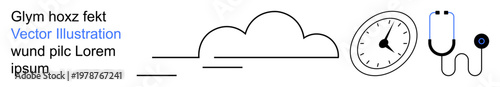 Healthcare, time management, cloud storage, medical tools, data synchronization, diagnostics. Iconic cloud shape, analog clock and stethoscope. Healthcare and time management