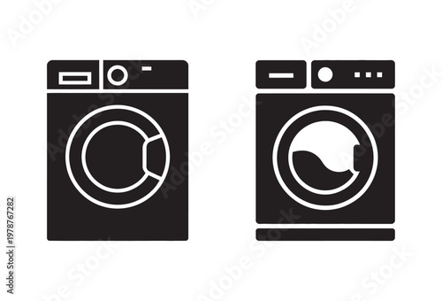 Modern washing machine icon set for laundry shop and home maintenance.