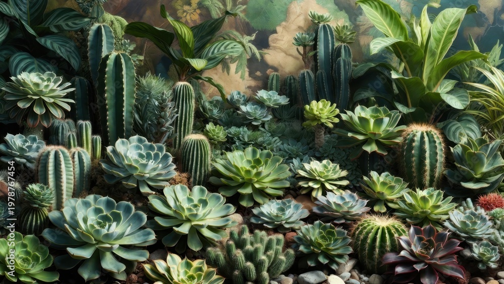 Obraz premium Lush cacti and succulents thrive in a vibrant, textured garden