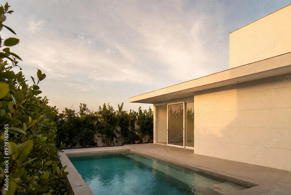 Fototapeta premium A modern house with a pool is set against a serene, golden-lit sky and foliage.