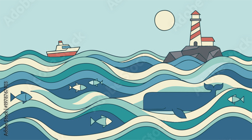 Flat design seascape with lighthouse, boat, whale, and fish