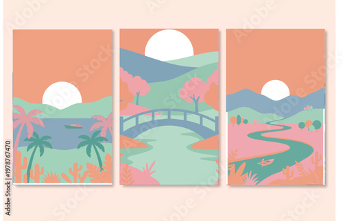 Flat Pastel Vector Landscape Triptych Set of 3 Minimalist Wall Art