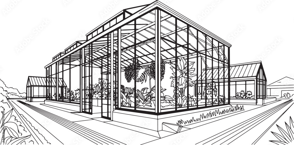 Ταπετσαρία Perspective drawing of modern glass greenhouse conservatory building for botanical garden and agriculture research vector