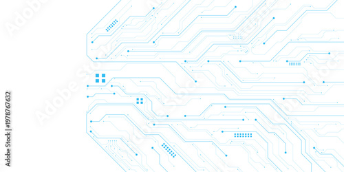 AI circuit board background vector with wires, chip and electronic component illustration. Digital technology design for AI innovation, web banner and presentation template.