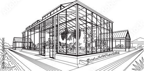 Perspective drawing of modern glass greenhouse conservatory building for botanical garden and agriculture research vector.