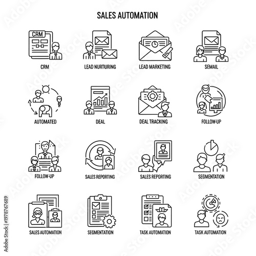 Line art icons representing various aspects of sales automation, including CRM, lead nurturing, deal tracking, reporting, and task automation processes.