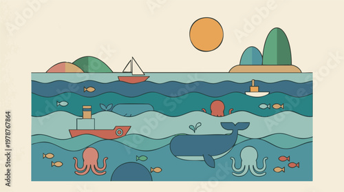 Flat design illustration of an ocean scene with marine animals and boats