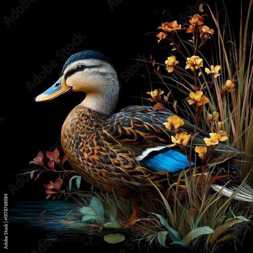 Colorful duck standing among flowers on dark background
