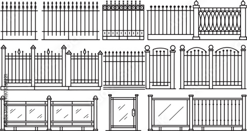 Set of black wrought iron fence sections and garden gates collection for architectural landscape design isolated vector.