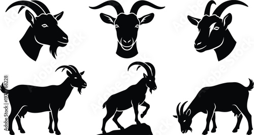 Goat Head Full Body Silhouette Vector Set