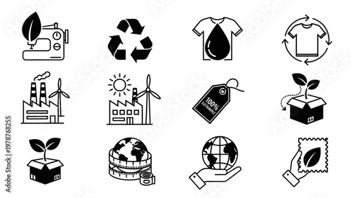 Black and White Minimalist Icon Set for Ethical Fashion and Sustainable Textile Production Featuring Eco-Label Tags, Renewable Energy Factories, and Green Logistics Symbols