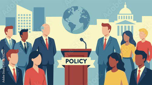 Diverse group discussing global policy and government in a modern city