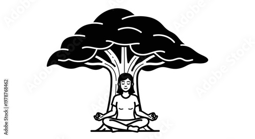 Person meditating under a tree in nature.