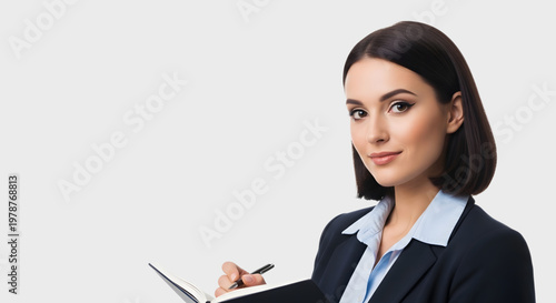 portrait of a business woman in formal office attire holding a notebook, clean and neat appearance, white background editable