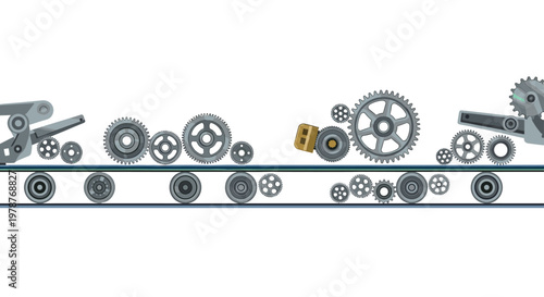 A complex industrial conveyor belt system transports a variety of silver metallic gears through a factory production line under bright industrial lighting.