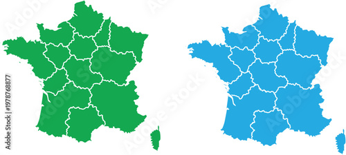 France regions map with green and blue color schemes