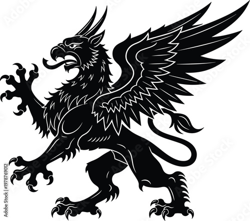 Griffin silhouette illustration, mythological creature artwork, heraldic beast design concept, fantasy symbol graphic, black white legendary representation