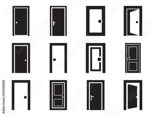Set of door icons, entrance and exit symbols, various styles and designs.