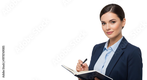 portrait of a business woman in formal office attire holding a notebook, clean and neat appearance, white background editable