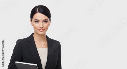 portrait of a business woman in formal office attire holding a notebook, clean and neat appearance, white background editable